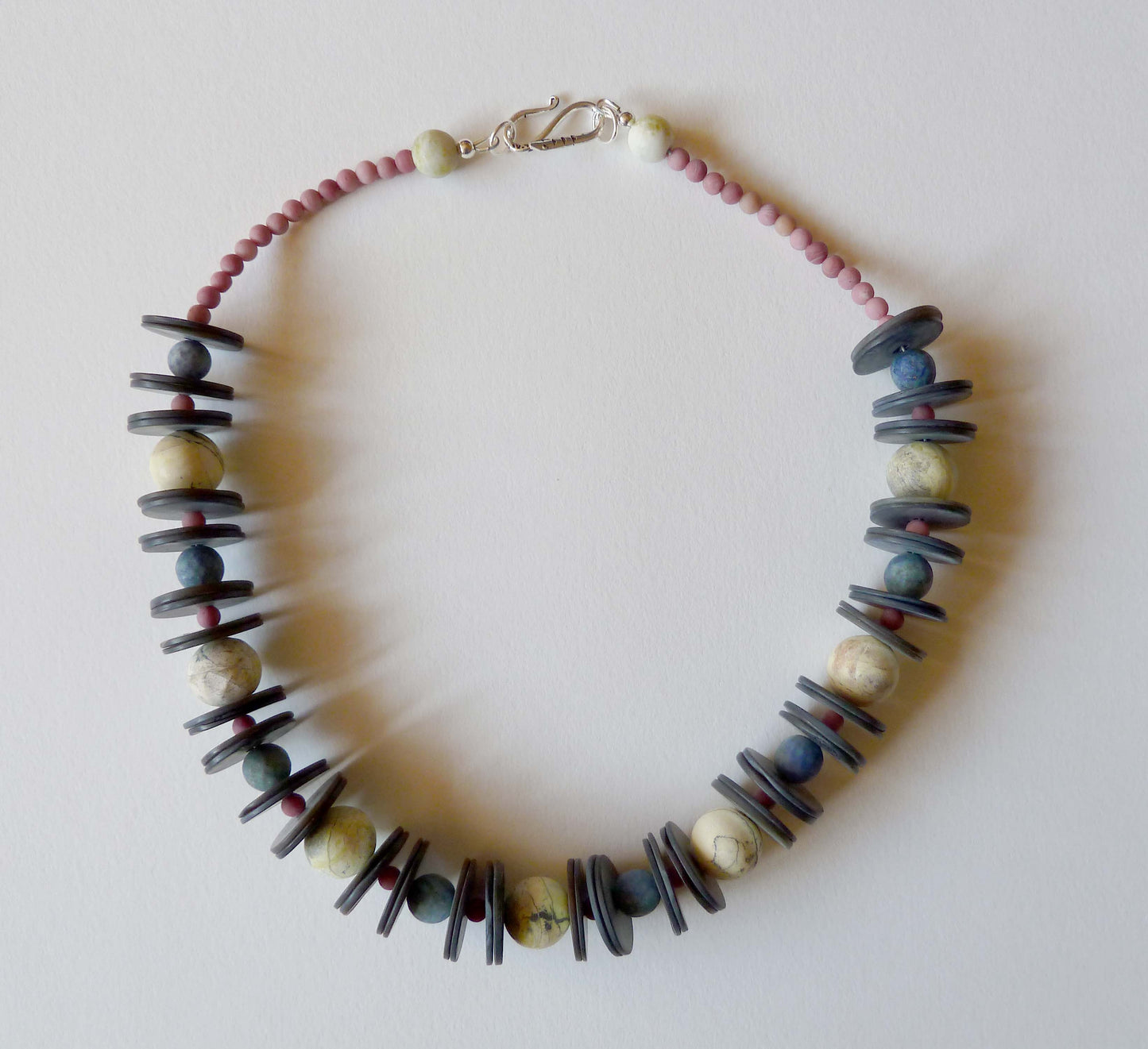 Yellow Turquoise, Shell, Chrysocola and Rhodonite Necklace