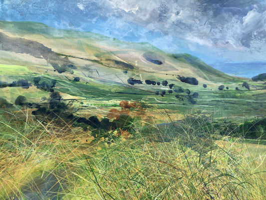 On Fleets Lane, farmland, fell and clouds, late summer