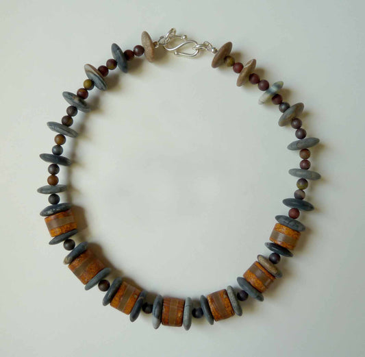 Necklace in picasso, jasper/iron, tiger eye, striped agate