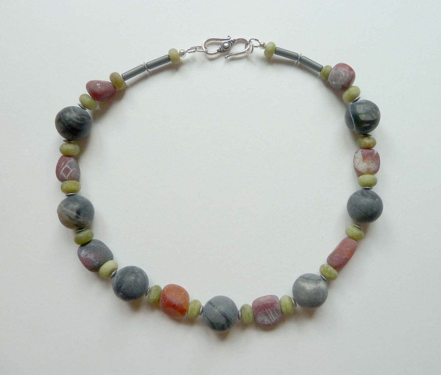 Green opal necklace with haematite and agate