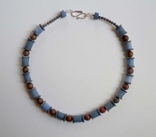 Dumortierite, Iron Tiger Eye and Picasso Jasper Necklace