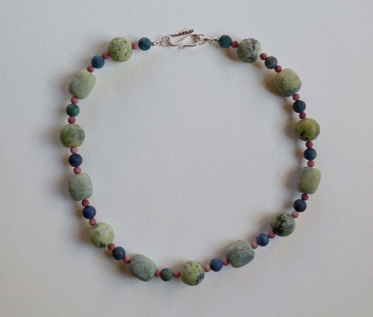 Lapis chrysocolla/serpentine/rhodonite necklace