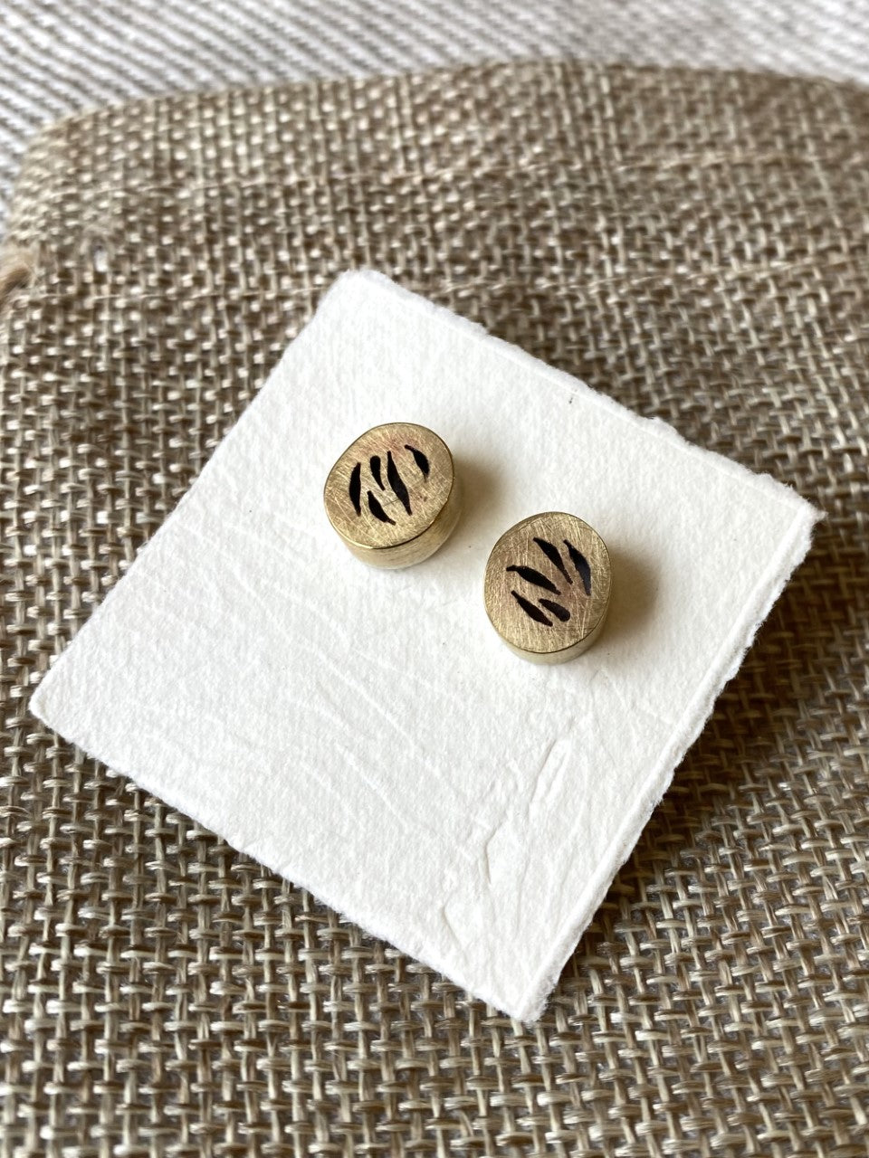 Oval box stud pierced earrings, brass front, brass sides, silver back